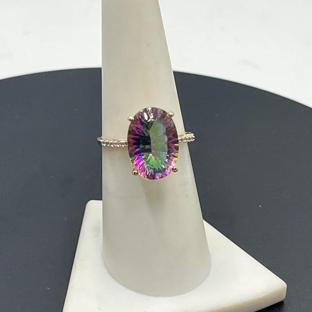 Hirajule 14K Rose Gold Large Oval Prong Mystic Topaz CZ and Quartz Ring Sz 7.5